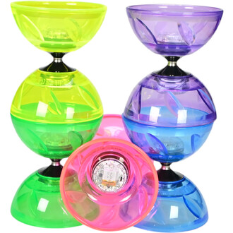 Taibolo lumineux de couleur verte, rose, bleue et violette, empilés et montrant leur design transparent. Les éléments sont dotés d'une lumière LED et d'un système de rotation au centre.