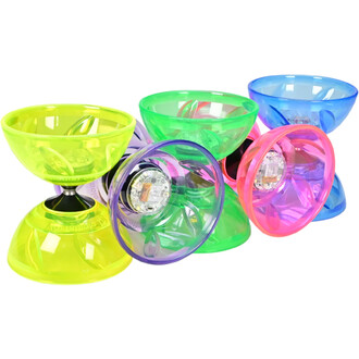 Diabolo lumineux Taibolo avec plusieurs couleurs, incluant du jaune, vert, violet, rose et bleu, avec une base noire et des lumières intégrées pour un effet visuel dynamique.