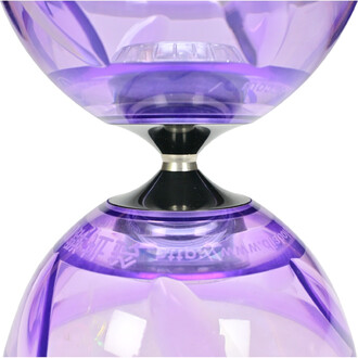 Boule de taïbolo lumineux de couleur violette, montrant la partie centrale et la base en métal noir. La conception est innovante avec un effet de transparence et de brillance, idéale pour les performances de jonglerie, avec un éclairage pouvant être recha