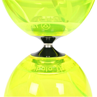 Taibolo lumineux de couleur jaune fluorescent, avec une base noire au centre. L'image montre la partie supérieure et inférieure de l'objet, mettant en évidence sa transparence et son design élégant, ainsi que le logo de la marque Taibolo gravé.