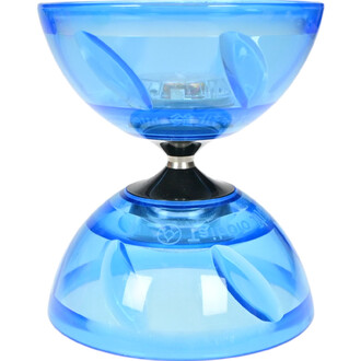 Taibolo lumineux en couleur bleue, doté d'une base noire et de motifs transparents. Design en forme de coupe avec des surfaces arrondies. Équipé d'une lumière LED et se recharge via USB.