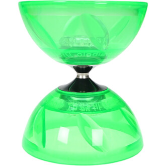 Taibolo lumineux de couleur verte, composé de deux coupelles semi-sphériques reliées par un axe noir central. Le design est transparent, mettant en valeur l'éclairage LED intérieur. Idéal pour la jonglerie, il fonctionne avec une recharge USB.
