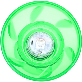 Diabolo lumineux en vert translucide avec un design moderne, affichant l'intérieur avec des composants électroniques visibles. L'image montre la vue de dessus du diabolo, mettant en avant ses pales et sa structure circulaire.