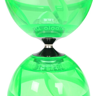 Taibolo lumineux de couleur verte, composé de deux hémisphères en plastique transparent reliés par un axe central. Le produit présente un éclairage LED intégré, visible au centre, et un design moderne et élégant, idéal pour la jonglerie et les spectacles 