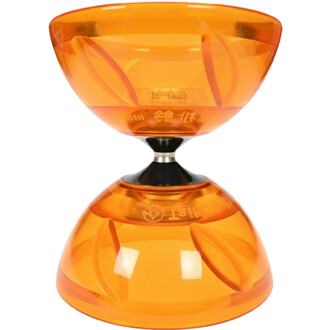 Taibolo lumineux de couleur orange translucide, de forme en sablier, avec une partie supérieure creuse et une base plus large. Il possède un axe central noir et des ouvertures pour une prise en main facile. L'image met en avant ses détails et sa brillance