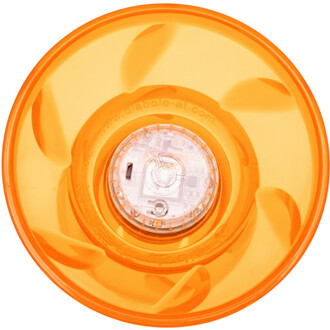 Diabolo lumineux Taibolo de couleur orange, vu du dessus. Il présente un design circulaire avec une base translucide et un éclairage LED central visible, ainsi qu'une prise USB pour la recharge. Les pales du diabolo sont bien visibles, soulignant sa const