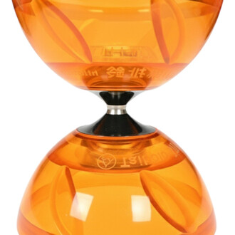 Taibolo lumineux en plastique orange, avec une forme en double coupelle, centre métallique et éclairage LED intégré.