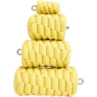 Tête de bolas Twista en corde jaune empilée, avec anneaux métalliques visibles sur les côtés.