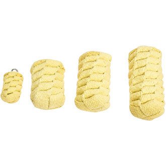 Cinq têtes de bolas Twista en corde jaune torsadée alignées sur fond blanc, la plus petite avec un petit anneau métallique.