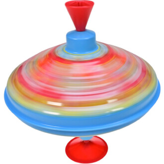 Toupie métallique colorée en rotation, avec des motifs multicolores qui créent un effet de mouvement, et une base rouge.