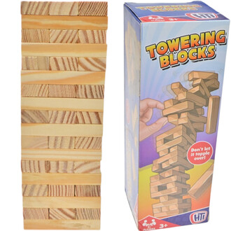 Bloc de jeu Towering Blocks, montrant une pile de blocs en bois à gauche et une boîte colorée à droite avec une illustration d'un joueur en train de retirer un bloc.