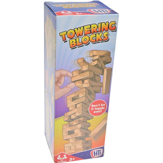 Boîte de jeu Towering Blocks avec une image de blocs en bois empilés, un doigt prêt à retirer un bloc, et le slogan Don't let it topple over! sur fond coloré.