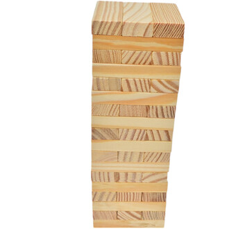 Blocs empilés en bois, formant une tour rectangulaire. Les blocs présentent des motifs de bois variés et sont disposés de manière alternée, créant un effet de texture.