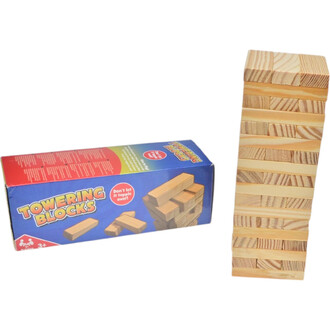 Boîte du jeu Towering Blocks à gauche, avec une illustration colorée et des blocs en bois empilés à droite, montrant l'objectif du jeu.