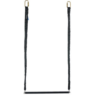 Trapèze aérien Prodigy Polysafe en noir: deux sangles verticales avec mousquetons dorés en haut et barre horizontale noire en bas.