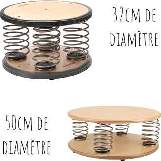 Pedale a molla: piattaforma circolare in legno circondata da molle metalliche, con dimensioni di diametro 32 cm e 50 cm.
