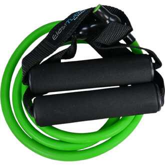 Tube de résistance vert avec des poignées noires, équipé d'une sangle pour un meilleur maintien.