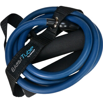 Tube de résistance enroulé, de couleur bleue, avec poignées noires en mousse et une sangle de maintien.