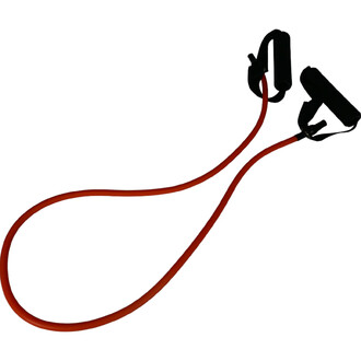 Tube de résistance en caoutchouc rouge avec deux poignées noires en mousse, idéal pour les exercices de renforcement musculaire.