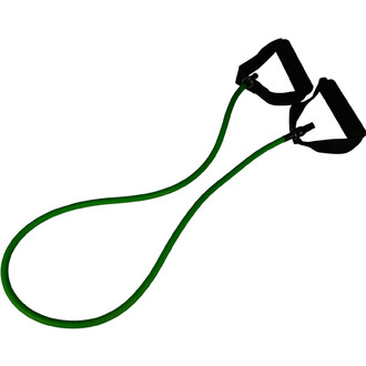 Tube de résistance vert avec deux poignées noires, conçu pour l'entraînement musculaire et l'exercice physique.