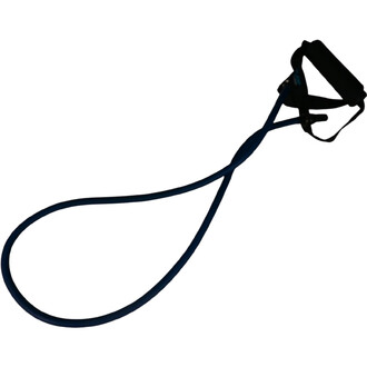 Tube de résistance en caoutchouc de couleur bleue, avec des poignées en mousse noire pour un grip confortable, conçu pour des exercices de musculation et de renforcement musculaire.