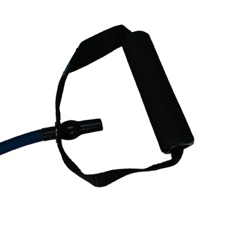 Tube de résistance avec un manche noir, un strap en tissu et un embout pour fixation, sur fond blanc.