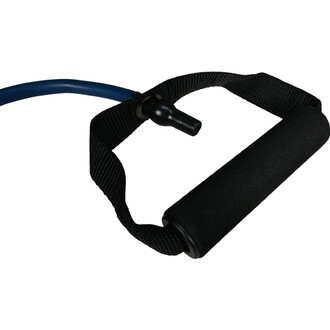 Tube de résistance avec une poignée en mousse noire et une sangle en tissu, relié à un tube en plastique bleu.