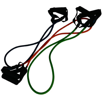 Tube de résistance avec plusieurs bandes colorées (bleu, orange, vert) et des poignées en mousse.