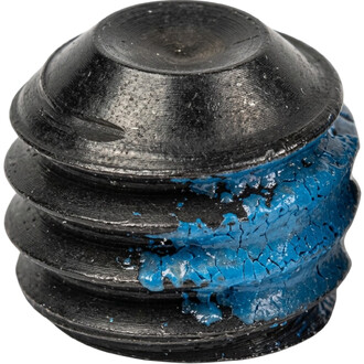 Plan rapproché d'une vis sans tête noire Dragon (x2) montrant une tête ronde et de la peinture bleue écaillée autour du bord.