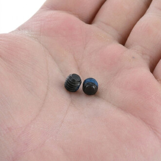 Deux vis sans tête Dragon (x2), noires et bleues, posées dans la paume d'une main — gros plan montrant les filets.