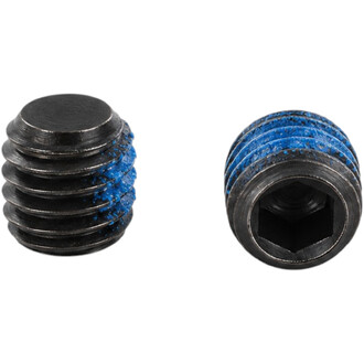 Dois parafusos de fixação pretos para ventoinhas de Halo Threeworlds, com rosca e revestimento de trava-rosca azul, incluindo uma vista lateral e uma vista superior mostrando o recesso hexagonal oco.