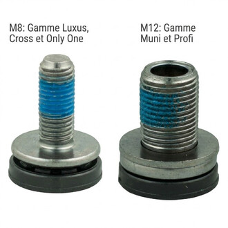 Viti Qu-ax M8 e M12: a sinistra una vite M8 con rondella e filettatura blu per le serie Luxus, Cross e Only One; a destra una vite M12 con guarnizione e rondella per le serie Muni e Profi.