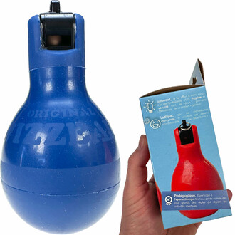 Blue Wizzball whistle with its packaging.