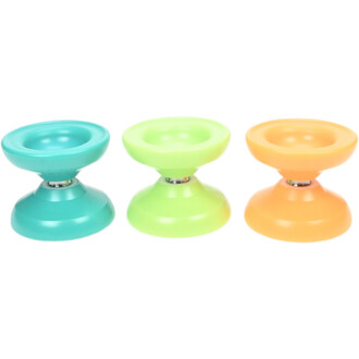 Trois yoyos Skyva colorés (turquoise, vert lime et orange) alignés horizontalement sur fond blanc, vue de face montrant les coupelles creuses et l'axe métallique.