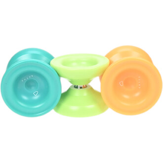 Yoyos Skyva translucides turquoise, vert lime et orange disposés en cercle sur fond blanc.