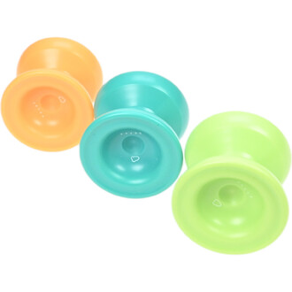 Groupe de yoyos Skyva translucides en couleurs orange, turquoise et vert clair sur fond blanc