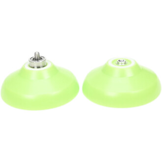 Deux yoyos Skyva couleur vert néon sur fond blanc, vue en gros plan montrant les axes et les roulements au centre.
