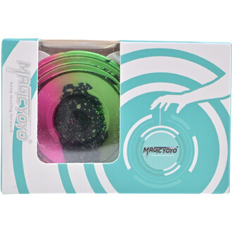 Yoyo V8 présenté dans une boîte d'emballage transparente avec des motifs turquoise. Le yoyo est en dégradé de couleurs, allant du vert au rose, avec une base noire ornée de taches blanches. La boîte arbore le logo MAGICYOYO et des illustrations d'usage.