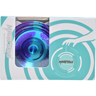 Yoyo V8 présenté dans son emballage, avec un design coloré et attractif comprenant des nuances de bleu et violet. L'arrière-plan de l'emballage présente graphiques de mouvements de jonglage et le logo MagicYoyo.