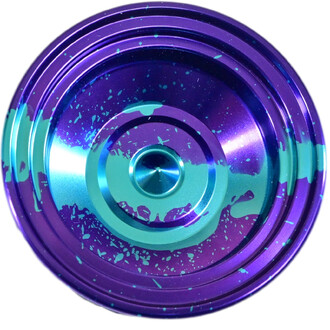 Yo-yo V8 en couleur violet avec des éclaboussures de peinture turquoise, vue de dessus.