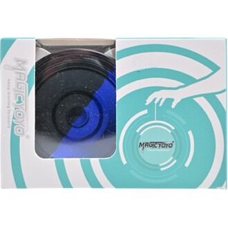 Boîte du yoyo V8 avec un design coloré présentant le yoyo noir et bleu à l'intérieur, entouré de motifs circulaires turquoise. Le logo MAGICYOYO est visible sur la boîte.