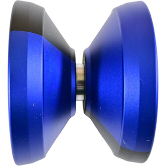 Yoyo V8 en couleur bleue avec des extrémités noires, vu de face, montrant sa forme symétrique et son design en aluminium.