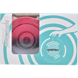 Yoyo V8 en boîte, montrant une couleur rouge et un design moderne à travers une fenêtre transparente, avec le logo Magic Yoyo et des motifs graphiques sur l'emballage.