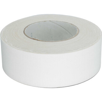 Rotolo di nastro adesivo bianco per antenne, lungo 50 metri e largo 5 centimetri, mostrato in primo piano su sfondo bianco.