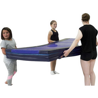 Trois jeunes filles transportent un matelas de gymnastique bicolore, avec une partie supérieure bleue et une partie inférieure noire. Deux d'entre elles sourient pendant qu'elles portent le matelas, tandis qu'une autre se trouve à leur côté. Elles sont en