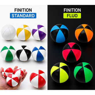 Balles de jonglage étoile de 120 g, finition Standard et finition FluO, ensemble de balles colorées à motifs étoilés sur fond blanc et noir.