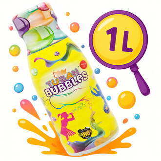 Bouteille de concentré à bulles Tuban Bubbles de 1L avec un design coloré, entourée de bulles et éclaboussures multicolores, montrant une silhouette d'enfant jouant avec des bulles.