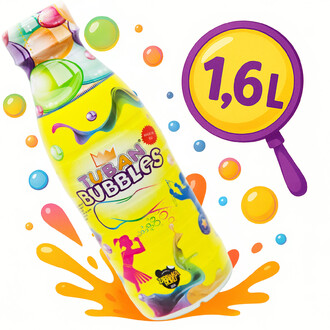 Bouteille de concentré de bulles Tuban de 400 mL/1.6 L, avec un design coloré. On y voit des silhouettes de personnes jouant avec des bulles, entourées de bulles et de gouttes de couleurs vives sur fond blanc. Un logo indiquant 1,6L est également présent.