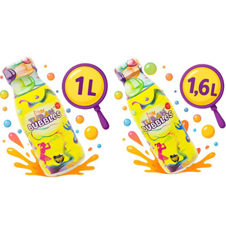 Due flaconi gialli di concentrato per bolle di sapone con schizzi arancioni e multicolori, da 1 L e 1,6 L.
