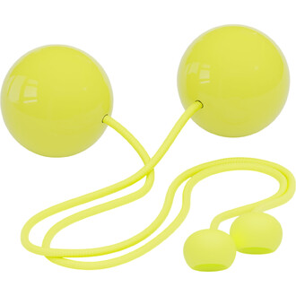 Bolas de contact de 80mm en plastique jaune, reliées par une cordelettes jaune, avec des embouts en caoutchouc.